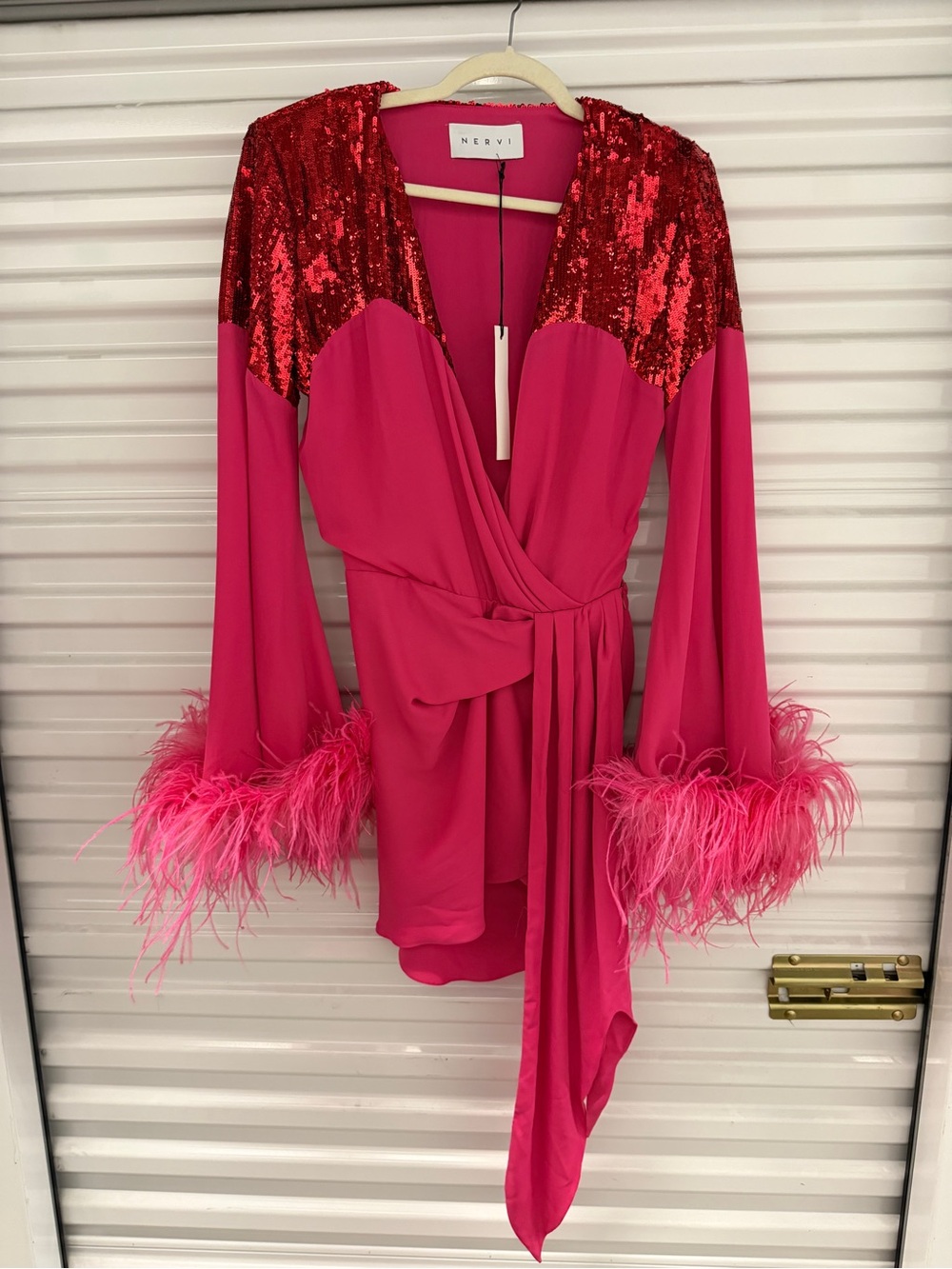 Hot Pink Sequin & Feather Trim Wrap Robe